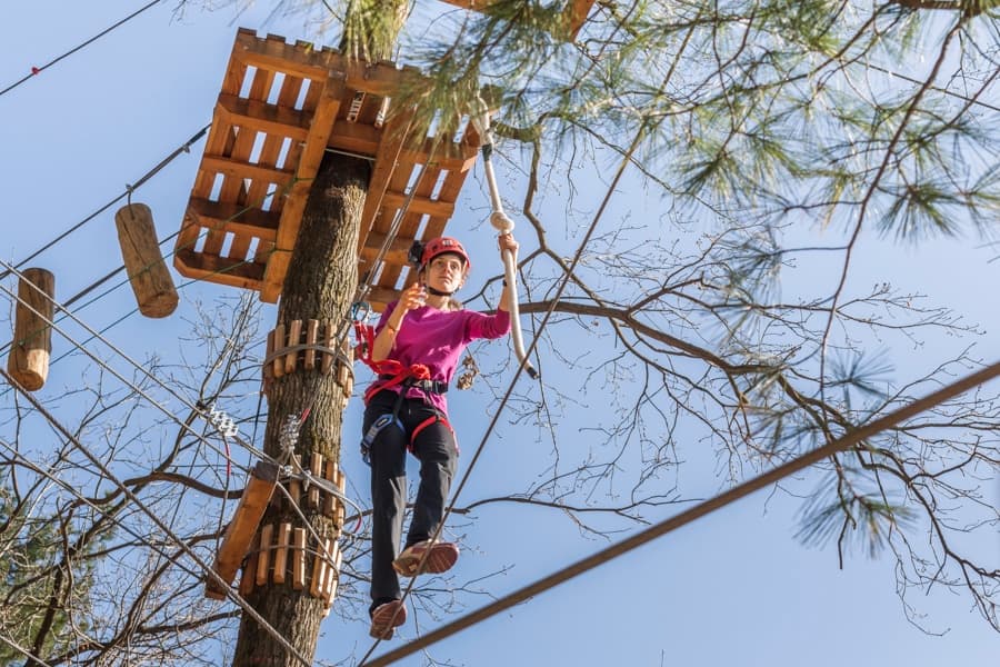Participant navigating treetop rope course high in trees
