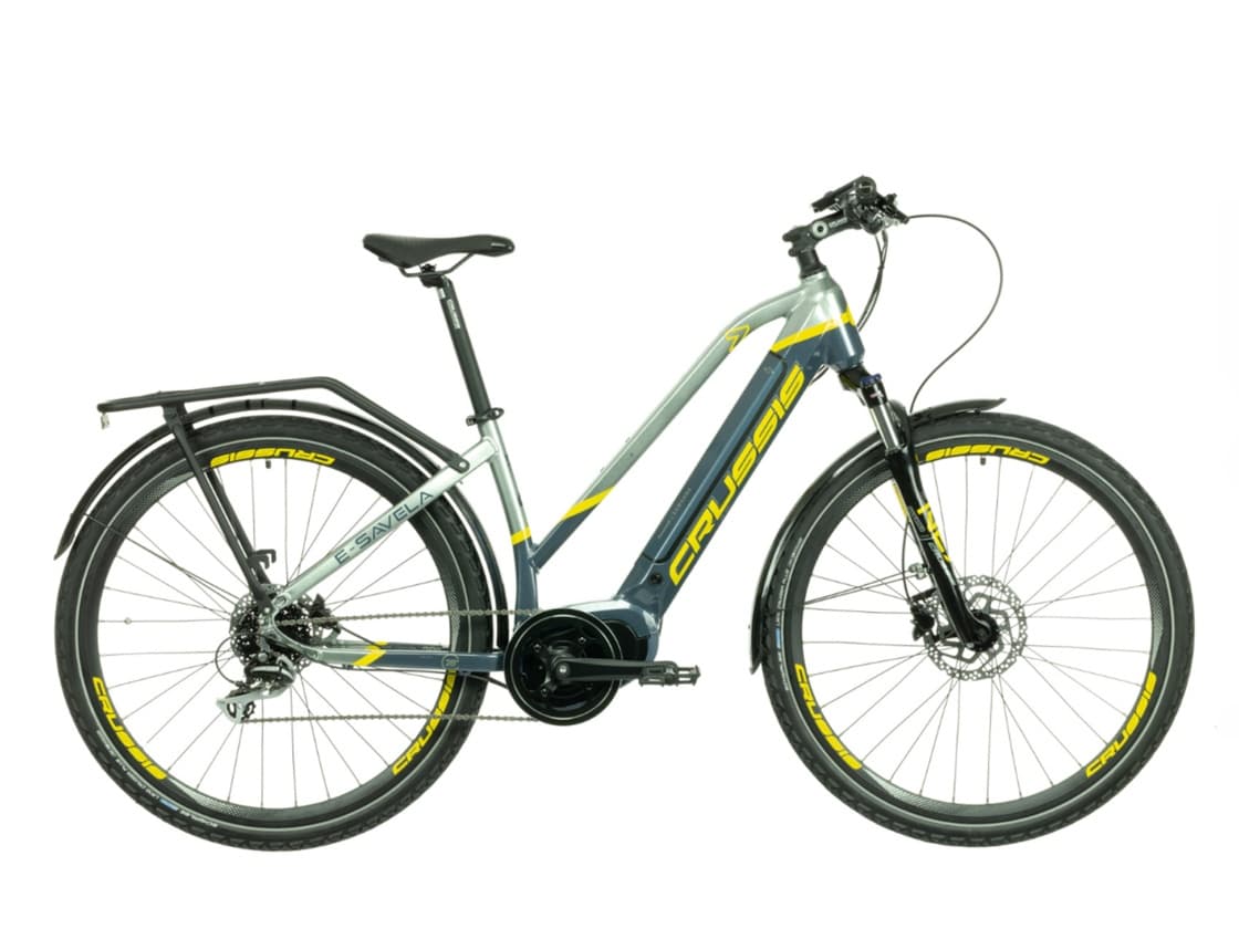 Grey urban electric bicycle with rack on white background