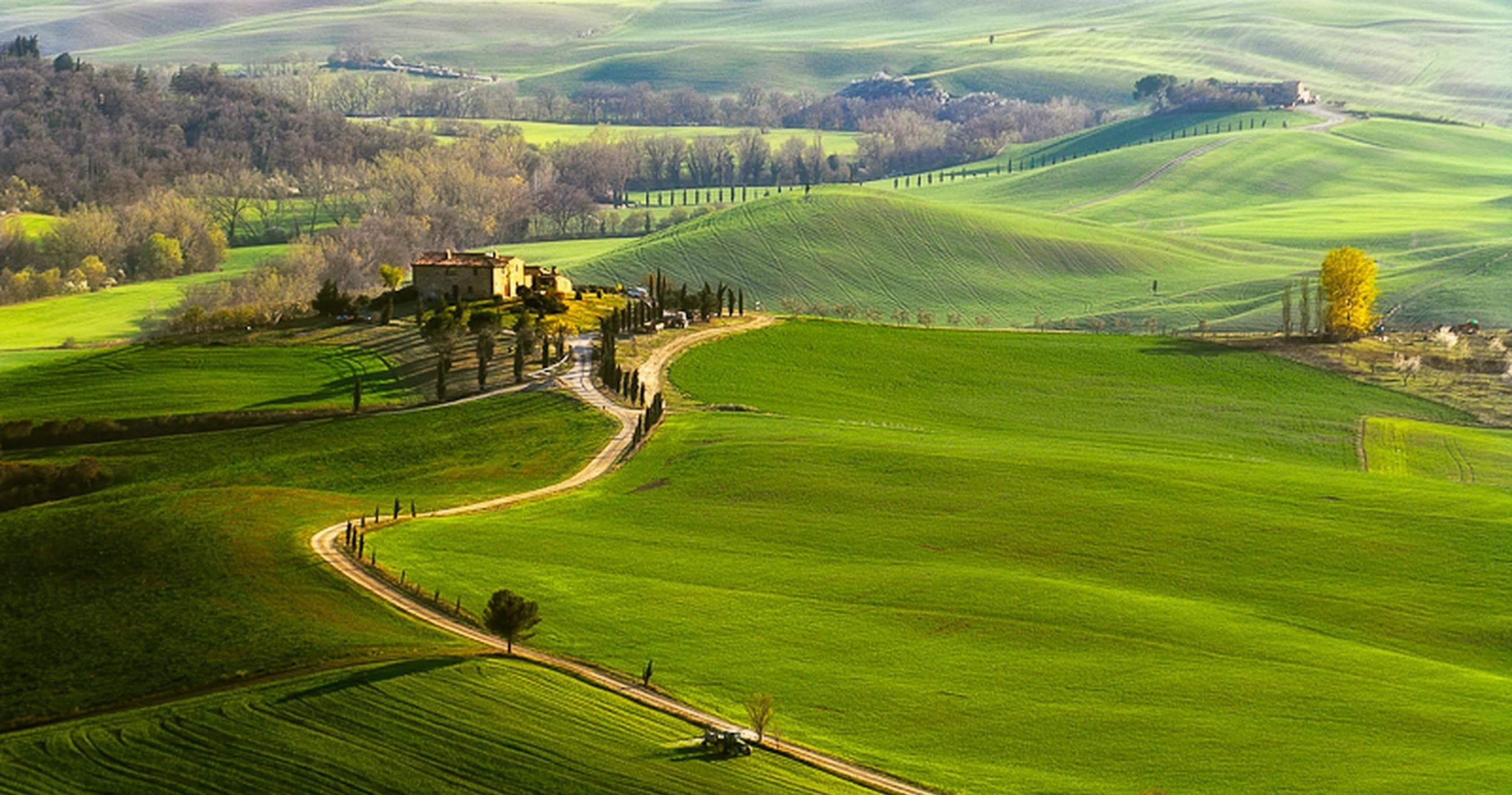 Rolling Tuscan hills with winding road and farmhouse vistas