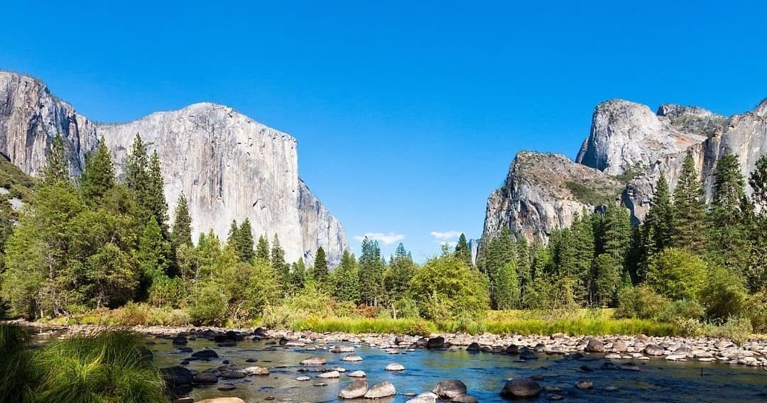 Scenic Yosemite Valley with El Capitan and Merced River view