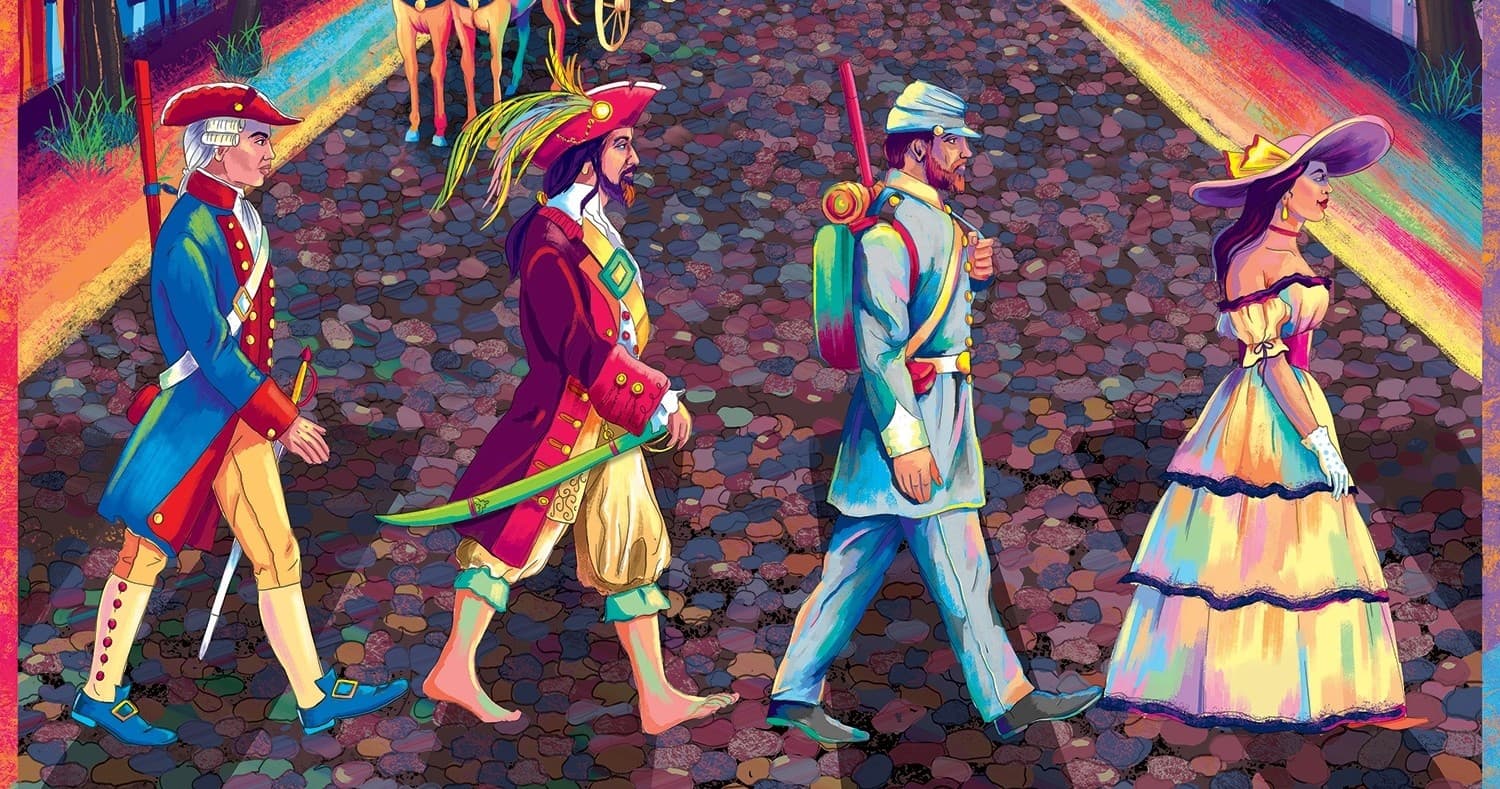 Historic costumed walking tour on cobblestone street outdoors