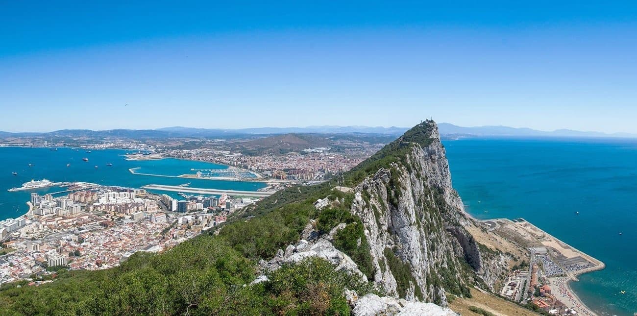 Panoramic coastal view from the Rock of Gibraltar over harbor