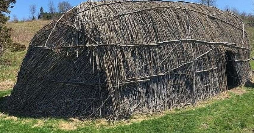 Reconstructed Native dwelling (wigwam) on grassy historic landscape
