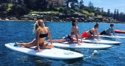 Group practicing SUP yoga on paddleboards by rocky coastal shoreline