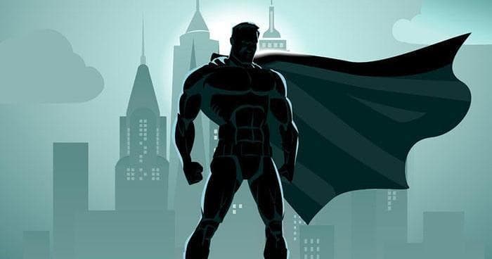 Superhero silhouette overlooking urban skyline at dusk, city adventure