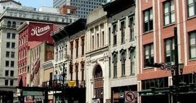 Historic Houston downtown street with architecture on walking tour