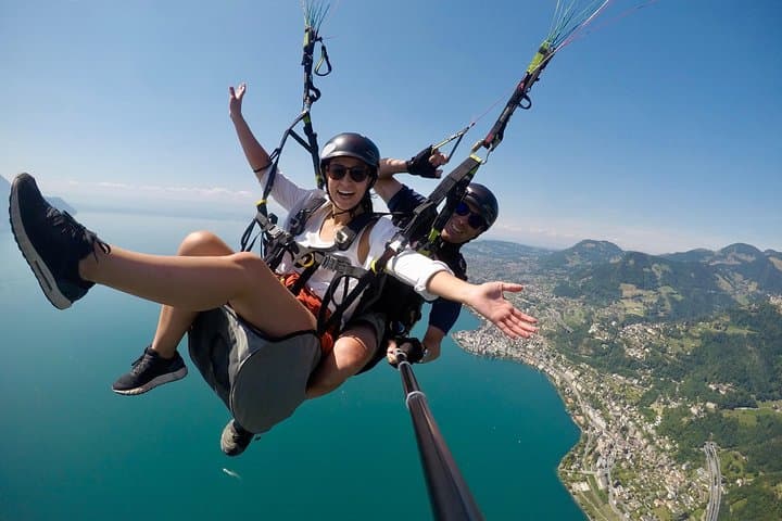 Tandem Paragliding from Sonchaux: Lake Geneva Flight over Château de Chillon