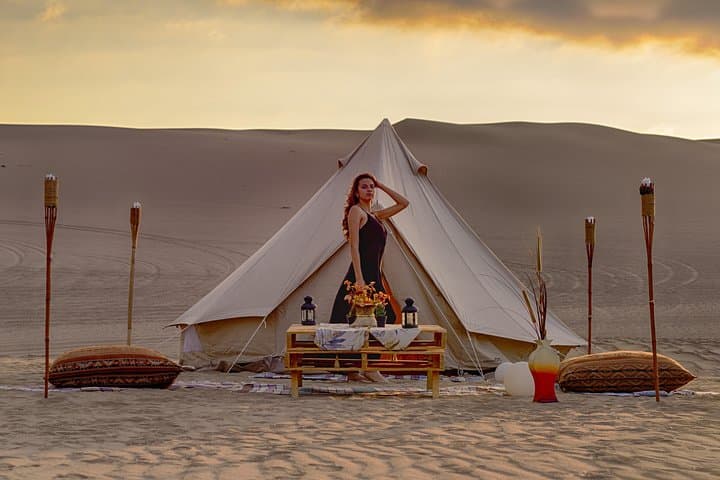 Overnight Glamping in Huacachina Desert — Dune Buggies, Sandboarding & Lagoon Views