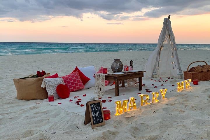 Sunset Beach Proposal in Cancun: Private Candlelit Picnic with Photographer