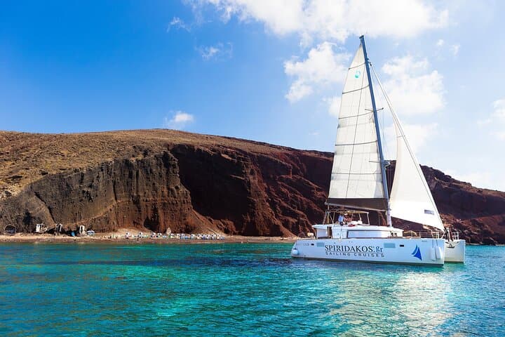 Santorini Catamaran Cruise from Vlychada — BBQ, Snorkel & Hot Springs