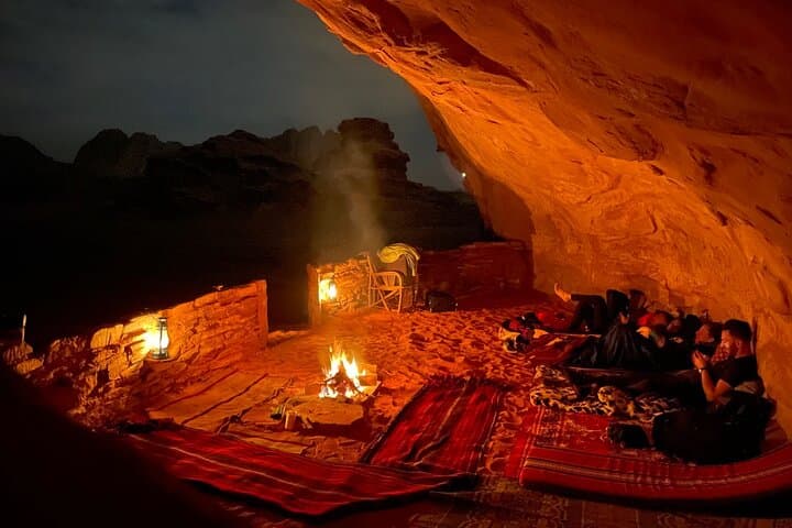 Wadi Rum Cave Camping & Half-Day Jeep Tour — Bedouin Sunset and Sandboarding