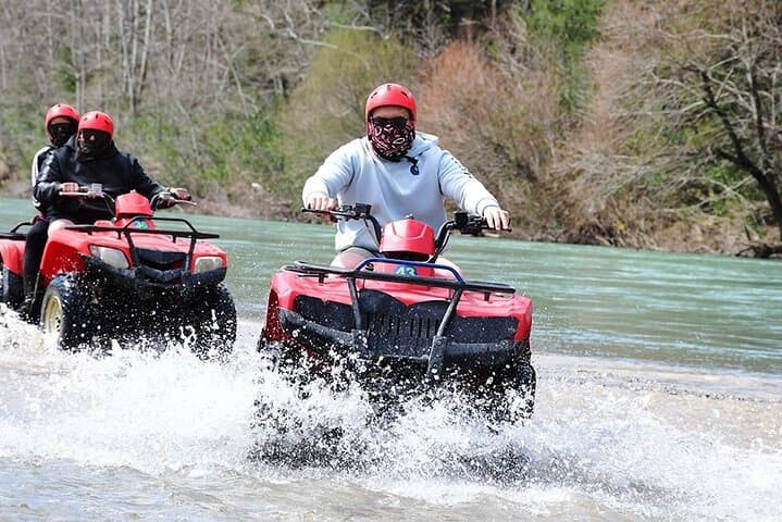 Taurus Mountain Quad Safari from Side — ATV Mud, Mountain Lake & Foothill Trails