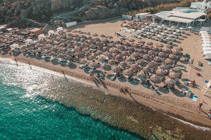 Super Paradise Beach Mykonos Sunbed Rental — 5th–7th Row Daybeds & Umbrella