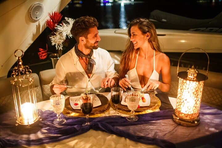 Private 51' Leopard Sunset Dinner Cruise in Cancun: Romantic Yacht Dinner with Chef and Open Bar