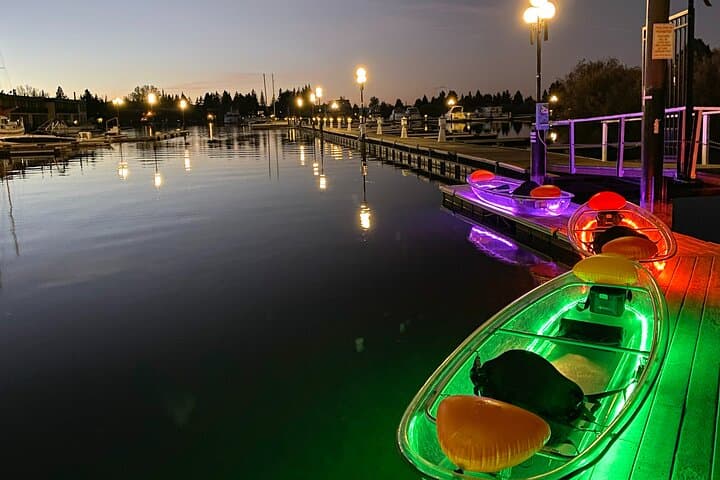 Evening LED Glow Clear Kayak Tour on Lake Tahoe — Family-Friendly Dusk Paddle