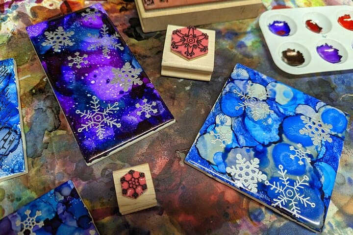 Embossed Alcohol Ink Tile Workshop in Estes Park — DIY Mountain Wall Hanging Class photo 3