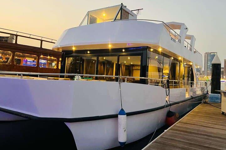 Sunset and Night Catamaran Dinner Cruise at Al Jaddaf, Dubai