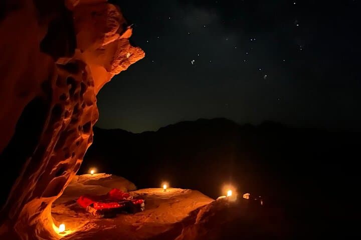Wadi Rum Full-Day Jeep Tour & Overnight Cave Stargazing — Bedouin Dinner and Desert Highlights