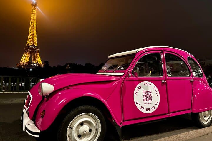 Paris Pink 2CV Night Tour with Champagne: Eiffel Lights & Champs-Élysées Photo Stops