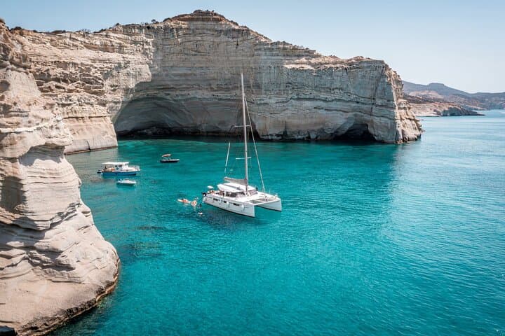 Milos Full-Day Catamaran Cruise to Kleftiko and Polyegos — Snorkel, SUP & Greek Lunch