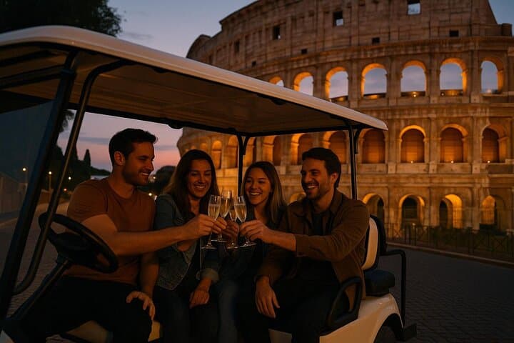 Rome Night Golf Cart Tour with Prosecco and the Colosseum