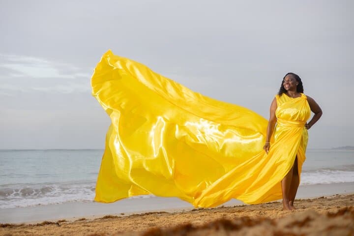 Punta Cana Flying-Dress Beach Photoshoot: Wind-Blown Portrait Session