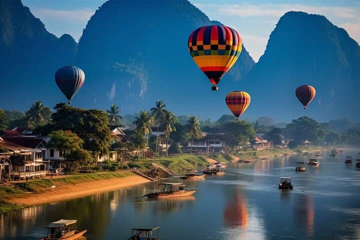 Hot Air Balloon Over Vang Vieng: Sunrise Flight Above Limestone Karsts