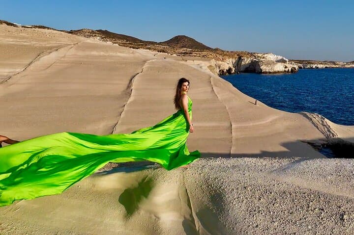 Flying Dress Photoshoot at Sarakiniko, Milos — Capture the Lunar Coast
