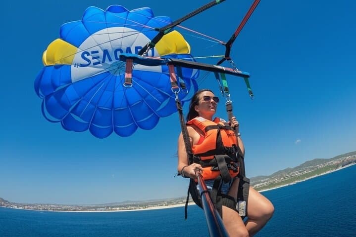 Parasailing Over Cabo San Lucas Bay: Skybound Views of El Arco and Both Seas