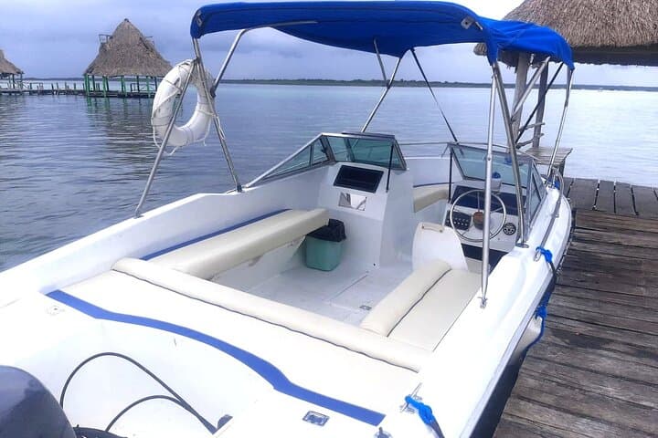 Bayliner Boat Tour of Bacalar Lagoon: Swim Cenotes & See Stromatolites