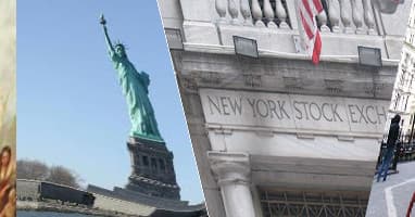 Statue of Liberty and New York financial district skyline view