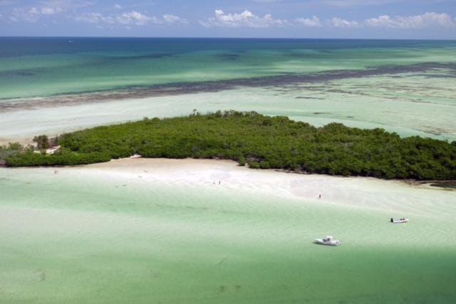Aerial view of white sandbar and turquoise cay beach