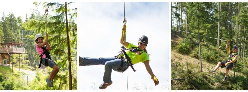 Three-panel zipline action collage showing riders on forest canopy lines