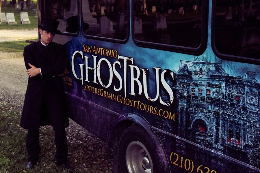 Ghost bus parked outside historic San Antonio tour starting point