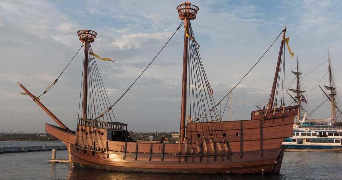 Replica galleon ship anchored at harbor for sails/tours