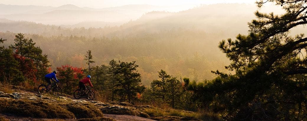Hikers trekking a misty ridge at sunrise in forested mountains