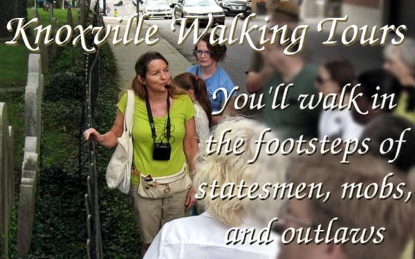 Participants on a Knoxville walking tour exploring historic streets