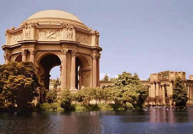 Palace of Fine Arts by lagoon in San Francisco park setting