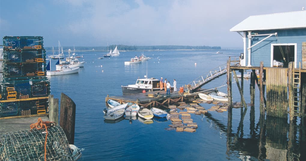 Working Bar Harbor fishing docks and lobster boats on harbor
