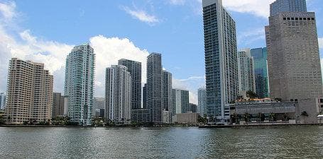 Miami skyline waterfront with high-rise buildings by Biscayne Bay