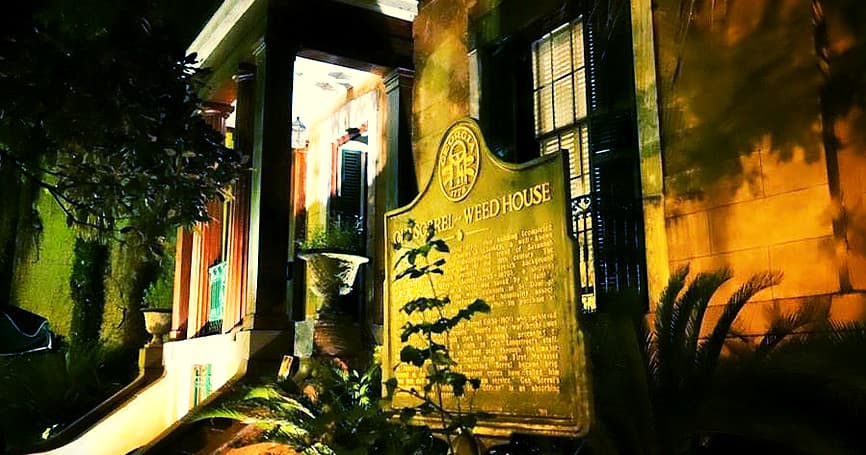 Night exterior of Sorrel Weed House historic mansion tour