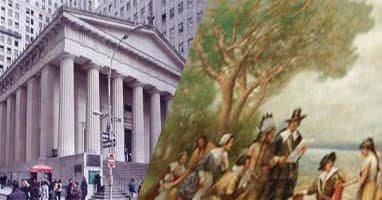 Wall Street building and colonial painting collage depicting history tour