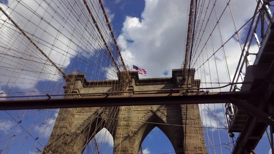 Brooklyn Bridge cables and towers from pedestrian perspective