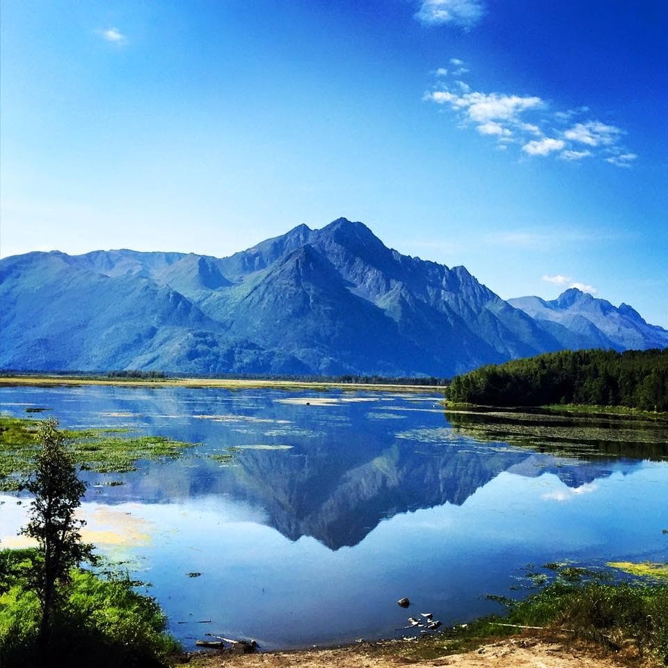 Mountain lake reflection with scenic backcountry vistas
