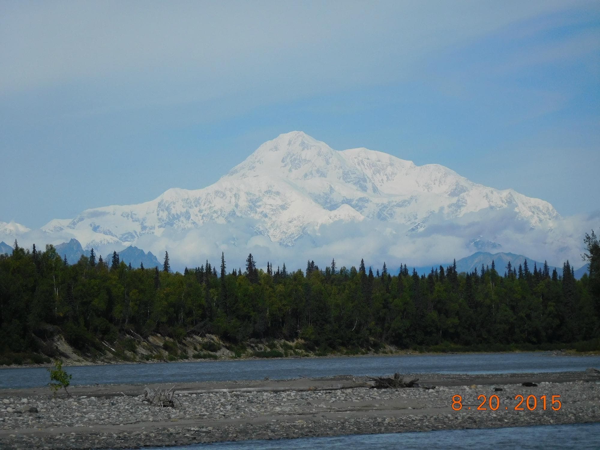 Snowy mountain peak above riverbank with forest foreground