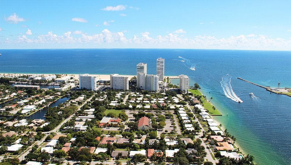 Aerial coastline view of Miami Beach and Atlantic Ocean skyline