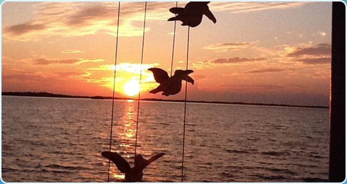 Silhouetted bird decorations at sunset over bay