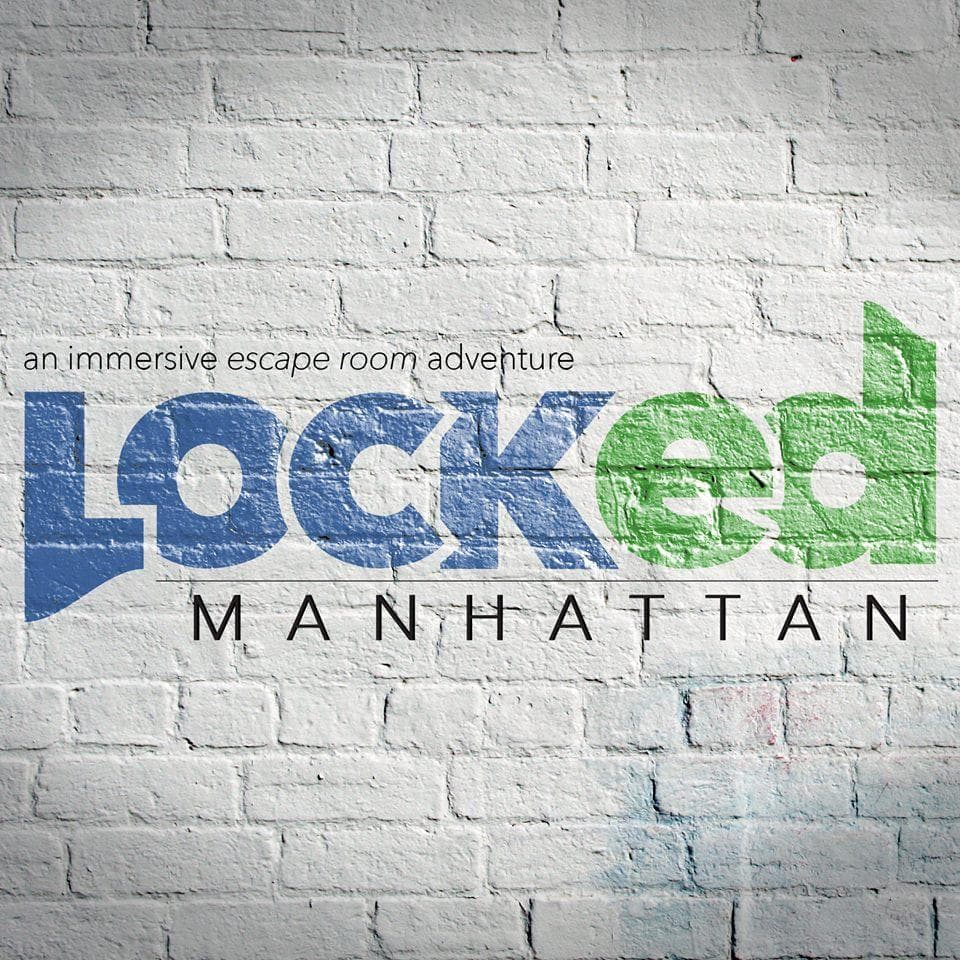 Locked Manhattan escape room logo on urban white brick wall