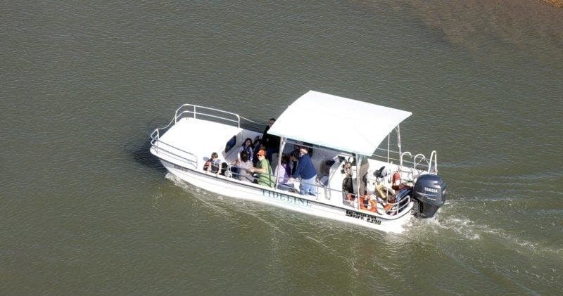 Sightseeing boat cruising coastal waters with passengers aboard