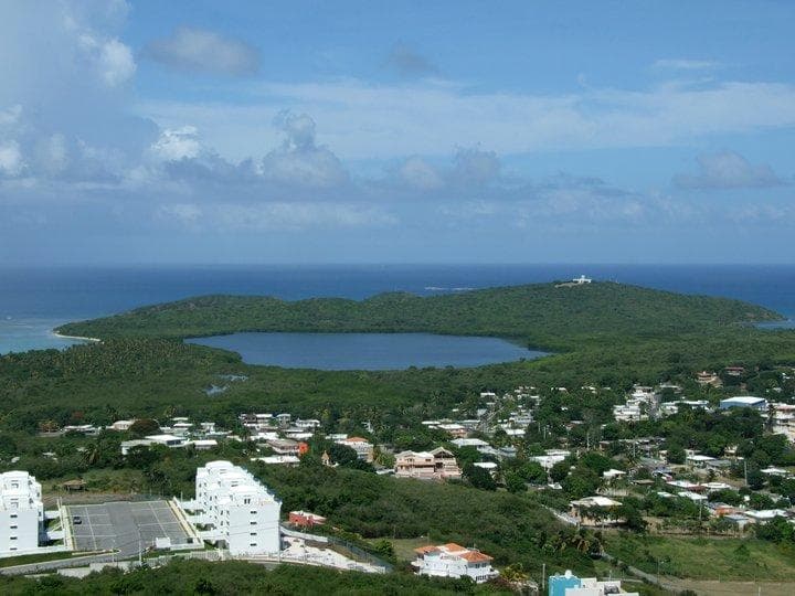 Aerial view of Puerto Rico island, coastal lagoon and ocean